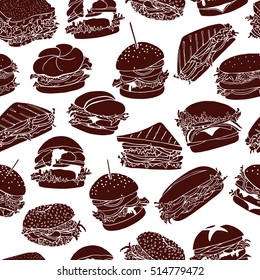 Vector seamless pattern with hand drawn sandwiches made in linear style. Beautiful food design elements, perfect for any business related to the food industry.