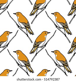 Vector seamless pattern with hand drawn birds sitting on the branches. Ink drawing, graphic style, perfect for prints and patterns.