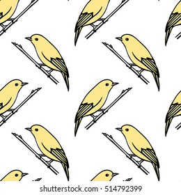 Vector seamless pattern with hand drawn bright birds sitting on the branches. Ink drawing, graphic style, perfect for prints and patterns.