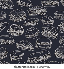 Vector seamless pattern with hand drawn sandwiches made in linear style. Beautiful food design elements, perfect for any business related to the food industry.