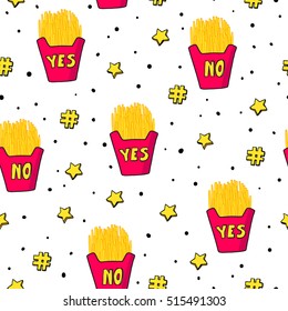 Vector seamless pattern with hand drawn french fries and words yes and no. Stars, dots and hashtags. Good for fabric print design, wrapping paper, school notebook cover and other.