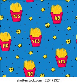 Vector seamless pattern with hand drawn french fries and words yes and no. Stars, dots and hashtags. Good for fabric print design, wrapping paper, school notebook cover and other.