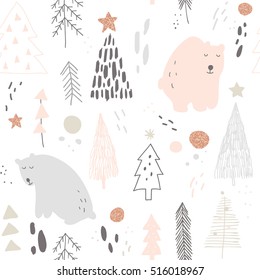 vector seamless pattern with hand drawn bears and Christmas trees