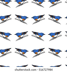 Vector seamless pattern with hand drawn blue birds sitting on the branches. Ink drawing, graphic style, perfect for prints and patterns.