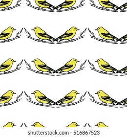 Vector seamless pattern with hand drawn bright birds sitting on the branches. Ink drawing, graphic style, perfect for prints and patterns.