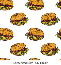 Vector seamless pattern with hand drawn delicious salami sandwiches. Beautiful food design elements, perfect for any business related to the food industry.