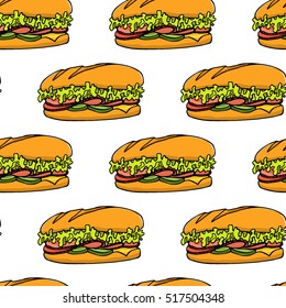 Vector seamless pattern with hand drawn delicious sandwiches. Beautiful food design elements, perfect for any business related to the food industry.