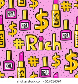 Vector Seamless Pattern With Hand Drawn Pop Art Stickers. Lipstick In Gold Case, Pink Nail Polish Bottle, Golden Dollar Sign, Yellow Hashtag, Black Dots. Luxury And Cartoon.