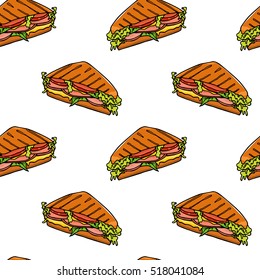 Vector seamless pattern with hand drawn delicious triangle sandwiches. Beautiful food design elements, perfect for any business related to the food industry.