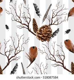 Vector seamless pattern with hand drawn feathers and branches, pine cones. Boho style, isolated objects.