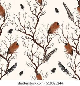 Vector seamless pattern with hand drawn feathers and branches. Boho style, isolated objects.