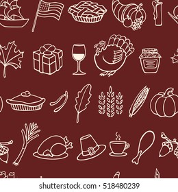 Vector seamless pattern with hand drawn Thanksgiving images. Thanksgiving design elements. Perfect for Thanksgiving holiday prints and patterns.