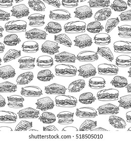 Vector seamless pattern with hand drawn delicious sandwiches. Beautiful food design elements, perfect for any business related to the food industry.