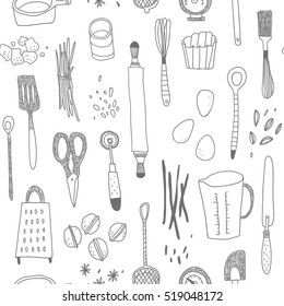 Vector Seamless Pattern With Hand Drawn Baking Tools