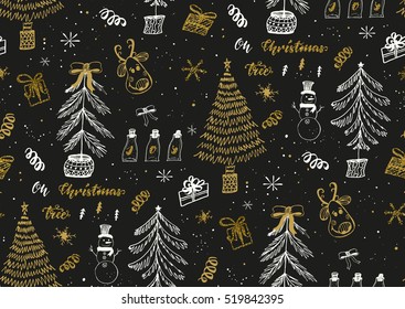 Vector seamless pattern with hand drawn ink gold glitter textured brush strokes. Christmas trees forest, gift boxes, ink dots and splatters. Black, gold, white colors.