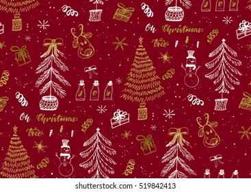 Vector seamless pattern with hand drawn ink gold glitter textured brush strokes. Christmas trees forest, gift boxes, calligraphy, inky dots and splatters. Red, gold, white colors.