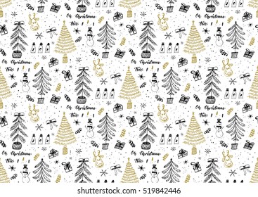 Vector seamless pattern with hand drawn doodle Christmas trees forest, gift boxes, ink dots and splatters. Black, gold, white colors.