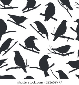 Vector seamless pattern with hand drawn birds sitting on the branches. Ink drawing, graphic style, perfect for prints and patterns.