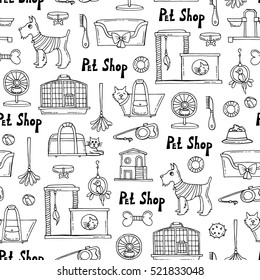 Vector seamless pattern with hand drawn isolated goods for pet shop on white color. Pattern on the theme of pets.  Background for use in design, packing, fabric