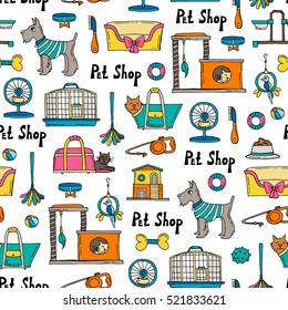 Vector seamless pattern with hand drawn colored goods for pet shop. Pattern on the theme of pets.  Background for use in design, packing, fabric