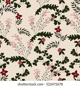 Vector seamless pattern from hand drawn herbs of lady's purse, clover. For fabric, cloth design, wallpaper, print, textile, covers. Recommended for use in clothing and interiors.