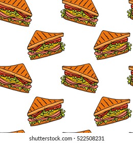 Vector seamless pattern with hand drawn triangle  sandwiches. Beautiful food design elements, perfect for any business related to the food industry.