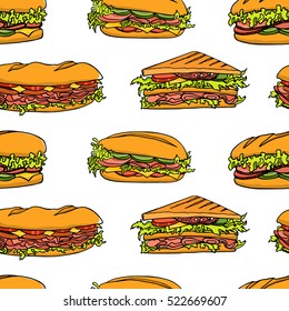 Vector seamless pattern with hand drawn delicious sandwiches. Beautiful food design elements, perfect for any business related to the food industry.