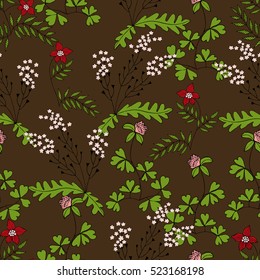 Vector seamless pattern from hand drawn herbs of lady's purse, clover. For fabric, cloth design, wallpaper, print, textile, covers. Recommended for use in clothing and interiors.
