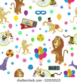 Vector seamless pattern with hand drawn colored symbols of circus. Pattern on the theme of performance.
