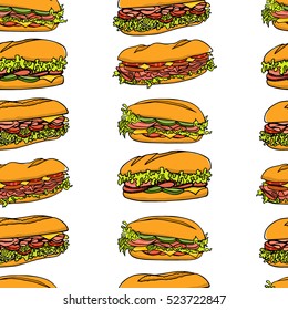 Vector seamless pattern with hand drawn delicious sandwiches. Beautiful food design elements, perfect for any business related to the food industry.