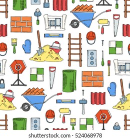 Vector seamless pattern with hand drawn colored construction materials. Pattern on the theme of building. Background for use in design, packing, fabric