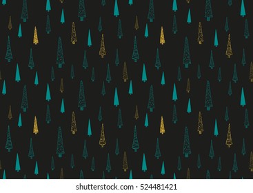 Vector seamless pattern with hand drawn doodle trees forest. Black, green, golden glitter colors.