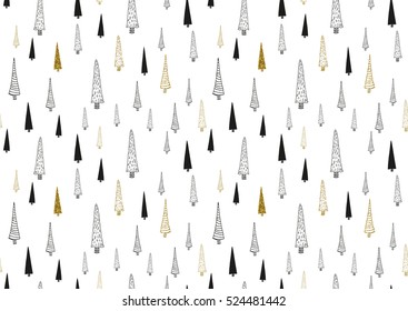 Vector seamless pattern with hand drawn doodle trees forest. Black, green, golden glitter colors.