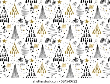 Vector seamless pattern with hand drawn doodle Christmas trees forest, gift boxes, ink dots and splatters. Black, gold, white colors.