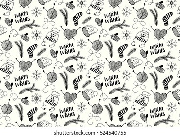 Vector seamless pattern with hand drawn winter socks, knitting, mittens, pine branches, hats, snowflakes., ink modern calligraphy. Black and white colors.