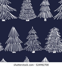 Vector seamless pattern and hand drawn spruce trees  Beautiful floral Christmas design elements  doodle style  minimalistic design 