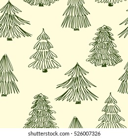 Vector seamless pattern with hand drawn spruce trees. Beautiful floral Christmas design elements, doodle style, minimalistic design.