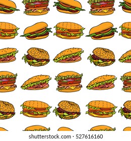 Vector seamless pattern with hand drawn delicious sandwiches. Beautiful food design elements, perfect for any business related to the food industry.