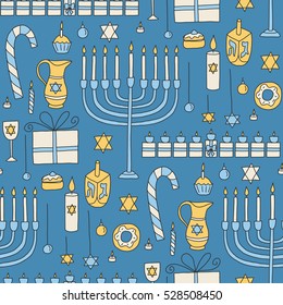 Vector seamless pattern with hand drawn Hanukkah elements. Holiday background, wrapping paper