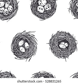 Vector seamless pattern with hand drawn bird nests with eggs. Graphic style, beautiful design elements, perfect for prints and patterns.