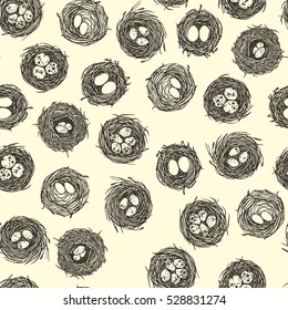 Vector seamless pattern with hand drawn bird nests with eggs. Graphic style, beautiful design elements, perfect for prints and patterns.