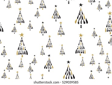 Vector seamless pattern with hand drawn trees forest. Black, white, golden colors.