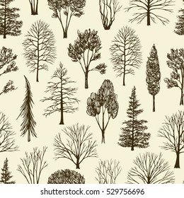 Vector seamless pattern with hand drawn trees. Beautiful floral design elements, perfect for prints and patterns