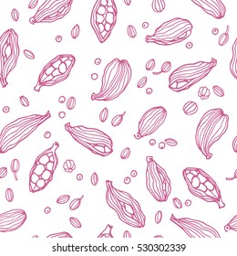 Vector seamless pattern with hand drawn cardamom, coriander and mustard seeds. Beautiful food design elements, perfect for any business related to the food industry.