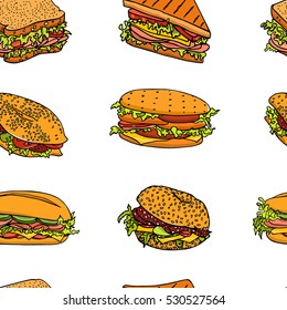Vector seamless pattern with hand drawn delicious sandwiches. Beautiful food design elements, perfect for any business related to the food industry.