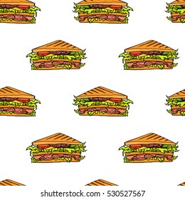 Vector seamless pattern with hand drawn delicious sandwiches. Beautiful food design elements, perfect for any business related to the food industry.