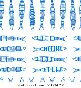 Vector seamless pattern with hand drawn cute sardines. Beautiful food design elements, perfect for any business related to the food industry.