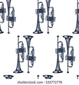 Vector seamless pattern with hand drawn shiny trumpets. Beautiful ink drawing, perfect for musical prints and patterns.