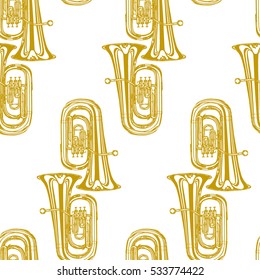 Vector seamless pattern with hand drawn shiny tubas. Beautiful ink drawing, perfect for musical prints and patterns.