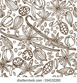 Vector seamless pattern with hand drawn vanilla pods, star anise and cardamom and celery seeds. Beautiful food design elements, perfect for any business related to the food industry.